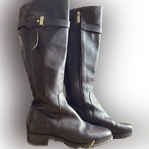 Karl Lagerfeld Tall Riding Boot with Buckle, Dark Brown Leather, size 7M